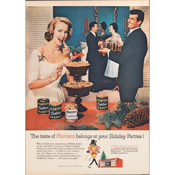 1959 Planter's Peanuts Nuts Vintage Print Ad Holiday Party Mr Peanut Wall Art - Picture 1 of 1